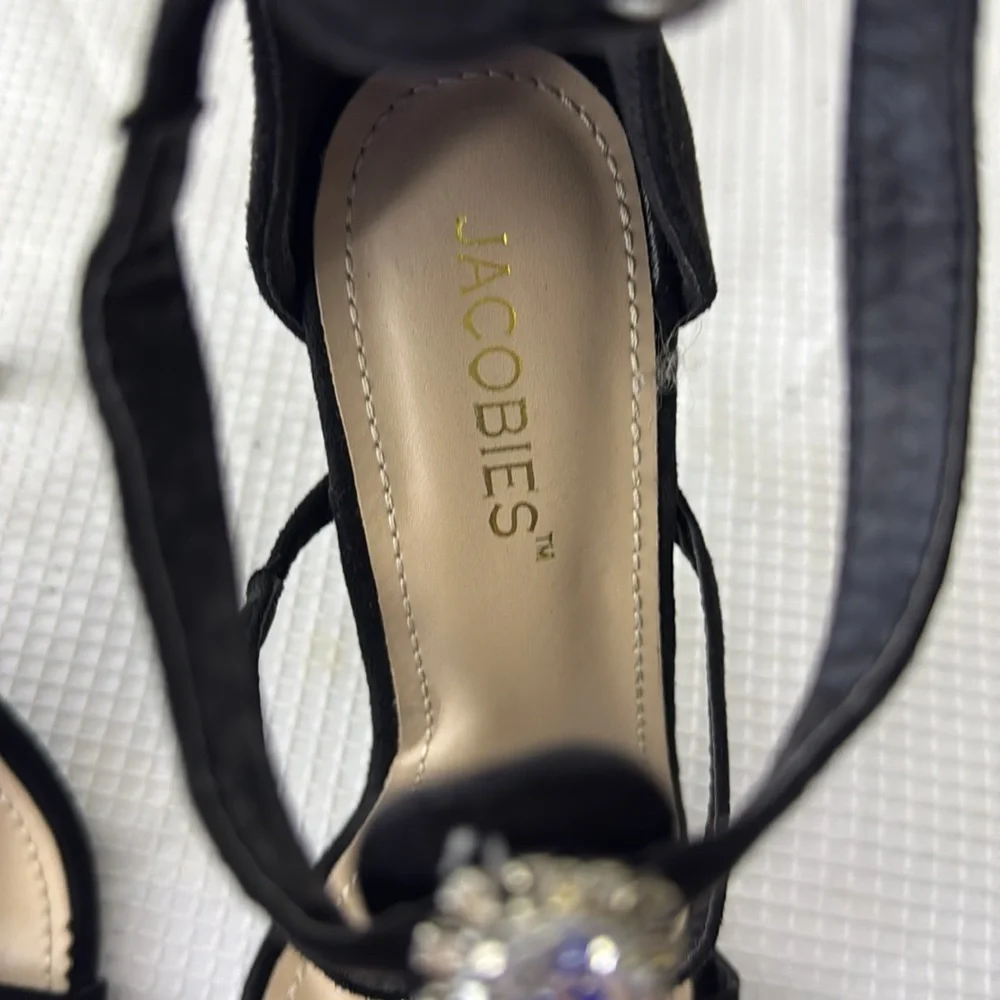 Jacobies Womens Open Toe Ankle Strap Black Crystal Studded Back Zipper Heel 7.5